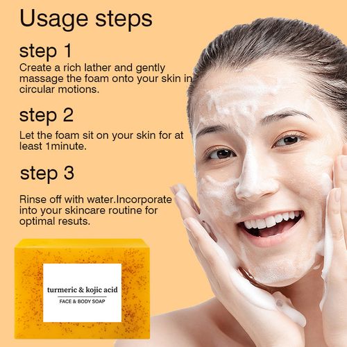 Turmeric soap with exfoliating particles and kojic acid: moisturizes and brightens the skin.