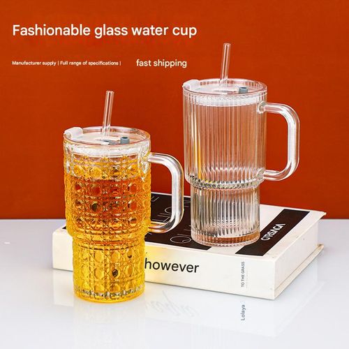 Creative large-capacity glass cup with handle, suitable for beverages and cola, transparent with lid and straw, double-use cup for home use.