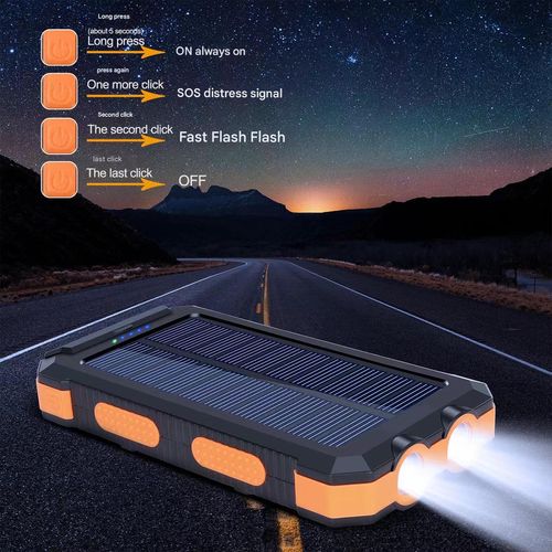 Solar-powered portable power bank with flashlight and compass