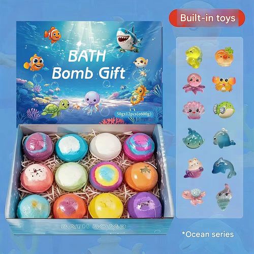 12-pack, 50g toy bath balls with hidden ocean-themed children's bath salt balls