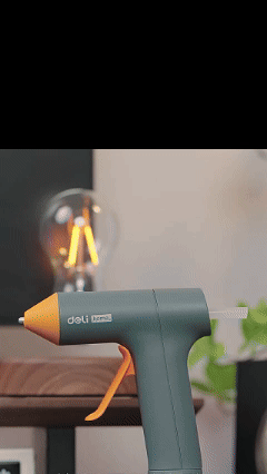 Deli Cordless Lithium-ion Hot Glue Gun, ideal for home use, features anti-stick and anti-leak design, automatic sleep mode, and includes 10 glue sticks.