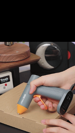 Deli Cordless Lithium-ion Hot Glue Gun, ideal for home use, features anti-stick and anti-leak design, automatic sleep mode, and includes 10 glue sticks.