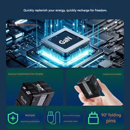 Gallium nitride (GaN) charger, PD fast charging phone charger with dual retractable cable, compatible with Apple and Android devices.
