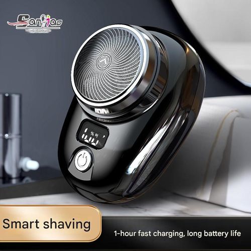 Mini electric shaver for men with digital battery level display.