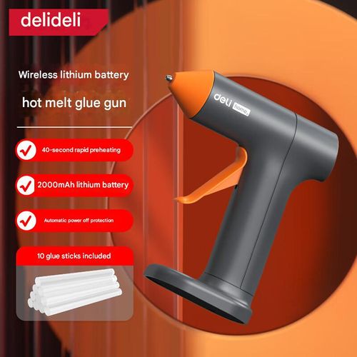 Deli Cordless Lithium-ion Hot Glue Gun, ideal for home use, features anti-stick and anti-leak design, automatic sleep mode, and includes 10 glue sticks.