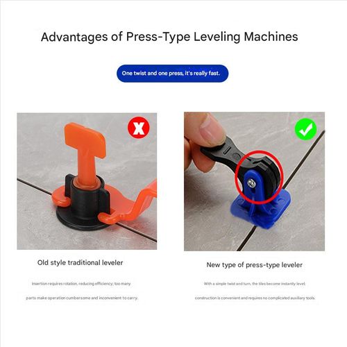 Tile leveling system, adjustable tile leveling tool, press-type tile laying tool, wall tile positioning and leveling clips.