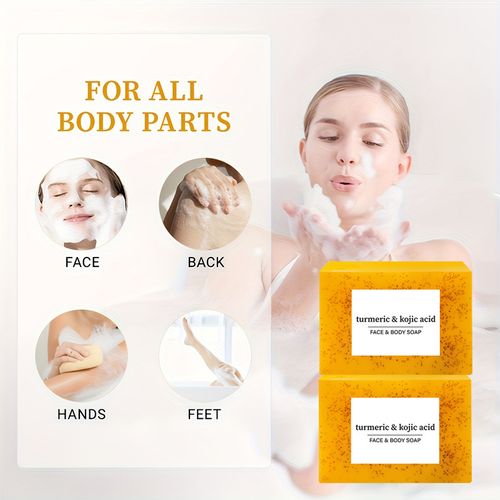 Turmeric soap with exfoliating particles and kojic acid: moisturizes and brightens the skin.