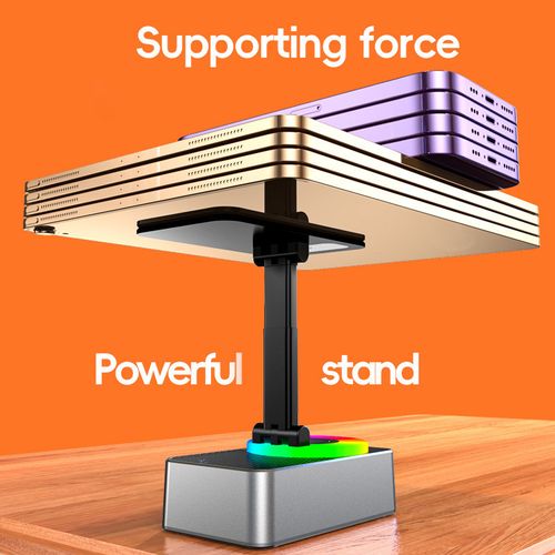 Three-in-one device: phone holder, Bluetooth speaker, and power bank.  Features include Bluetooth calling, USB drive functionality, and a rotatable, extendable, and foldable design.