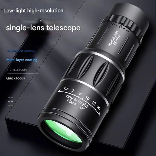 Portable high-magnification monocular telescope with night vision capabilities.  Order now and receive free glass lenses, lanyard, cleaning cloth, carrying case, universal phone clip, and metal extendable tripod (with green coated lenses).