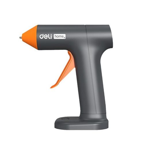 Deli Cordless Lithium-ion Hot Glue Gun, ideal for home use, features anti-stick and anti-leak design, automatic sleep mode, and includes 10 glue sticks.
