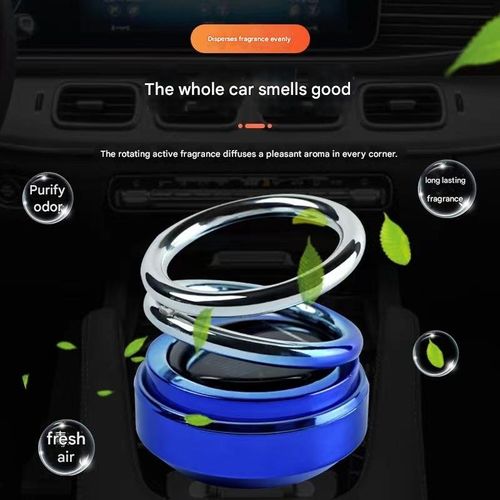 Solar-powered double-ring suspended rotating aromatherapy car air freshener with gradient lighting, long-lasting subtle fragrance, and decorative car interior ornament.