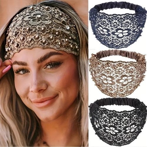 New style plum blossom hollow hairband with beading, wide brim, hair-covering and gray-hair-covering headband for women.