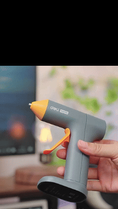 Deli Cordless Lithium-ion Hot Glue Gun, ideal for home use, features anti-stick and anti-leak design, automatic sleep mode, and includes 10 glue sticks.