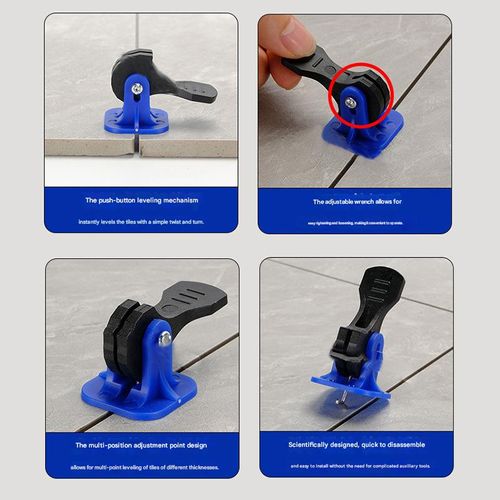 Tile leveling system, adjustable tile leveling tool, press-type tile laying tool, wall tile positioning and leveling clips.