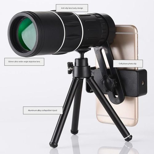 Portable high-magnification monocular telescope with night vision capabilities.  Order now and receive free glass lenses, lanyard, cleaning cloth, carrying case, universal phone clip, and metal extendable tripod (with green coated lenses).