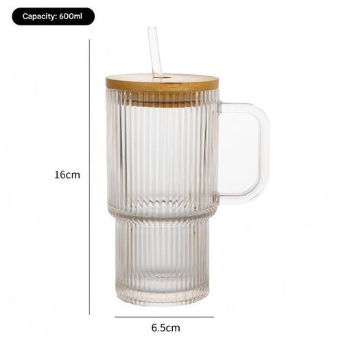 Creative large-capacity glass cup with handle, suitable for beverages and cola, transparent with lid and straw, double-use cup for home use.