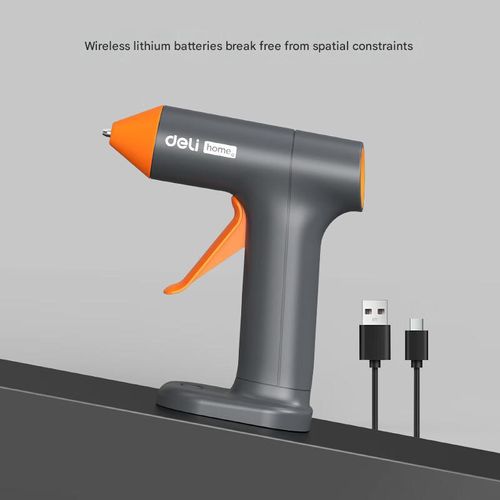 Deli Cordless Lithium-ion Hot Glue Gun, ideal for home use, features anti-stick and anti-leak design, automatic sleep mode, and includes 10 glue sticks.