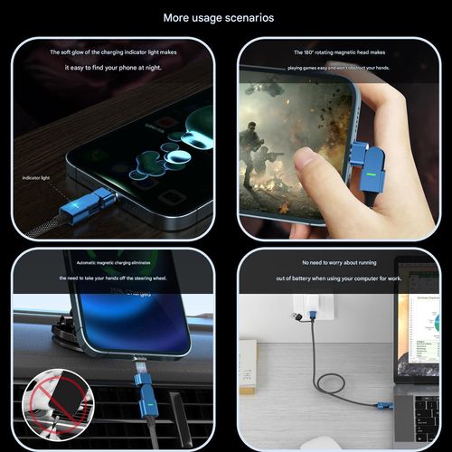 180-degree rotating magnetic charging cable for mobile phones, compatible with Apple, Huawei, and Android phones, PD fast charging cable 60W.