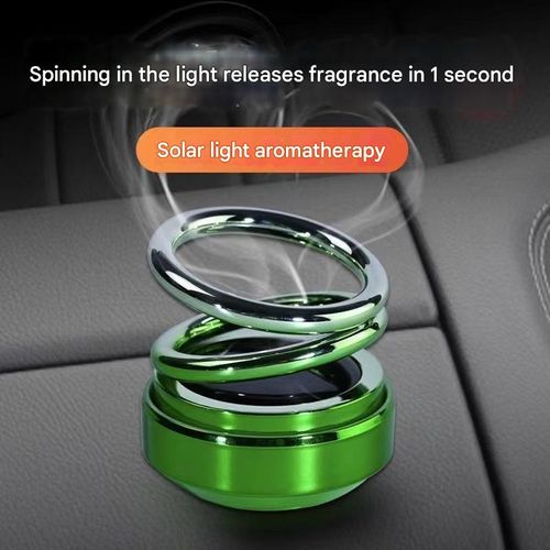 Solar-powered double-ring suspended rotating aromatherapy car air freshener with gradient lighting, long-lasting subtle fragrance, and decorative car interior ornament.
