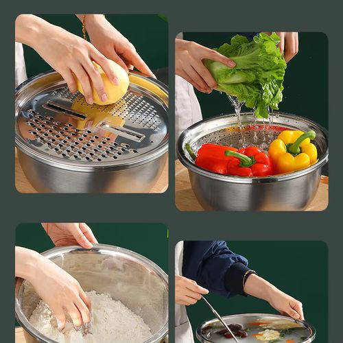 (🔥🔥🔥 preco do evento)Bacia de aço inoxidável multifuncional cutter ralador cozinha bacia de asfalto multifuncional conjunto de tigela de mistura