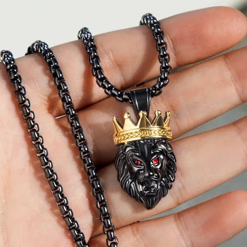 Pingente Helloice Crown King of Lion em Ouro Preto