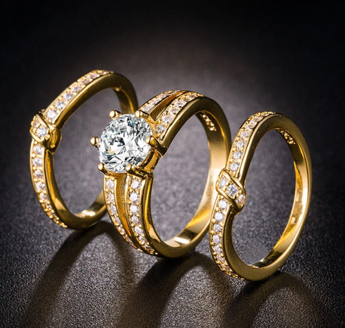 (Luxury Ring) 3pcs Luxury Ring Set , Couple Round Synthetic Zirconia Set Ring , European and American Fashion Engagement Wedding Jewelry for Women