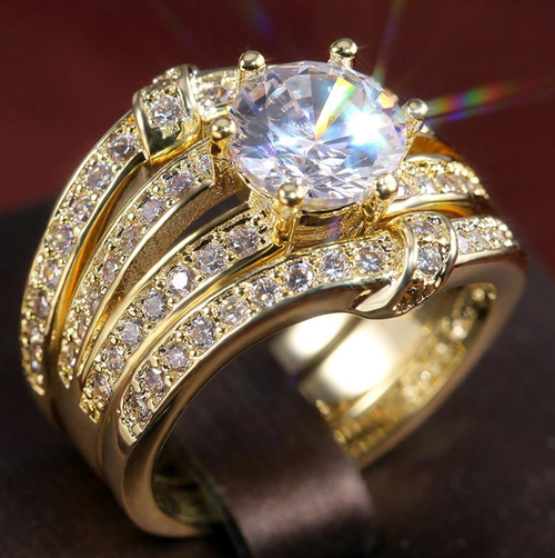 (Luxury Ring) 3pcs Luxury Ring Set , Couple Round Synthetic Zirconia Set Ring , European and American Fashion Engagement Wedding Jewelry for Women