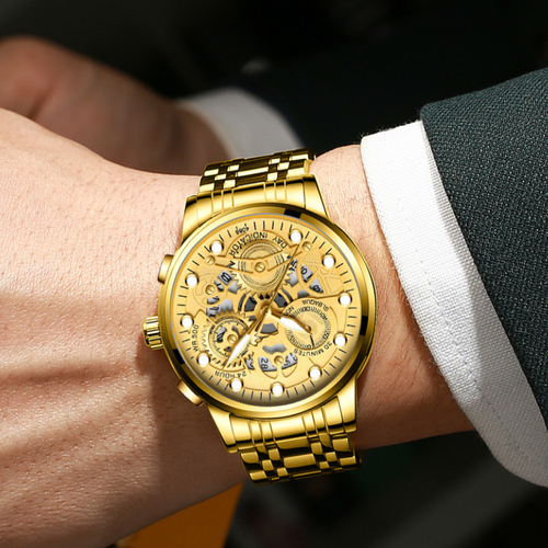 New Arrived Hollow Out Gold Watches Men Luxury Stainless Steel Watches Men Wrist Montre Homme