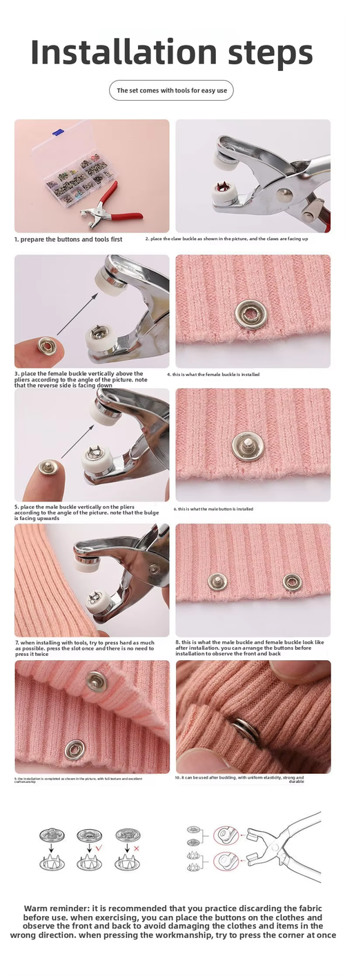 hand-pressed sew-free invisible five-prong snap fastener