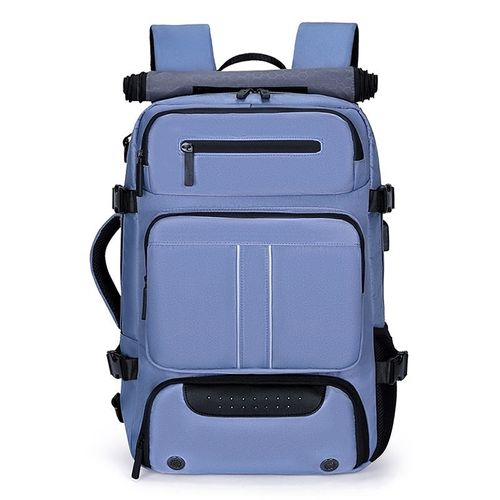 Business-style blue laptop backpack, waterproof material, large capacity design, suitable for all users.