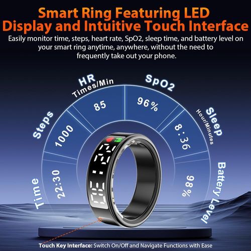 Bluetooth Smart Health Ring, IP68 Waterproof Activity Tracker Ring, LED Screen Fitness Tracker for Heart Rate, SpO2, Sleep & Step Counting