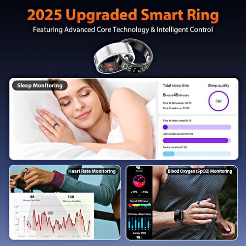 Bluetooth Smart Health Ring, IP68 Waterproof Activity Tracker Ring, LED Screen Fitness Tracker for Heart Rate, SpO2, Sleep & Step Counting