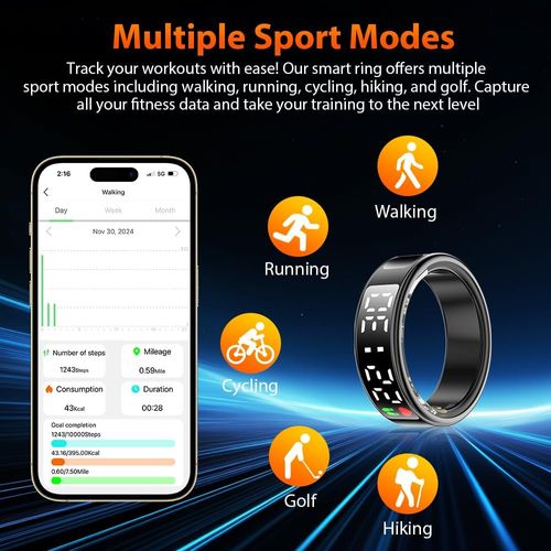Bluetooth Smart Health Ring, IP68 Waterproof Activity Tracker Ring, LED Screen Fitness Tracker for Heart Rate, SpO2, Sleep & Step Counting