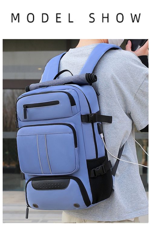 Business-style blue laptop backpack, waterproof material, large capacity design, suitable for all users.