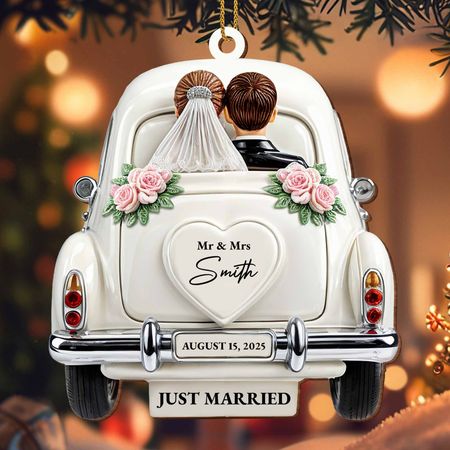 Just Married Celebration With Classic Wedding Car - Personalized Custom Wood Ornament, Custom Shaped - CPL114_WDO