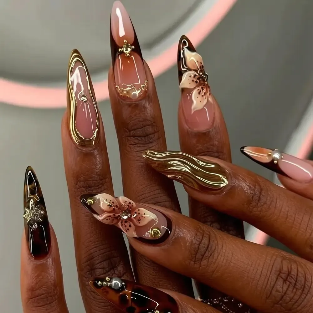 French Almond Floral Press‑on Nails