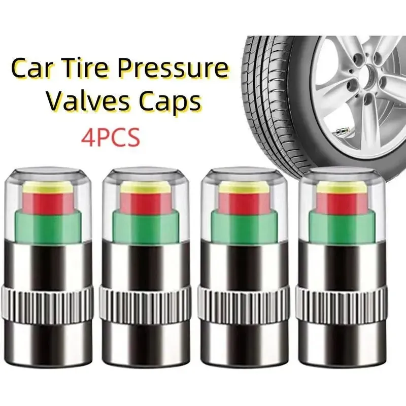 Tire Valve Stem Caps with Pressure Monitor, 4Pcs 3-Color Visual Warning, Screw-On Car Tire Safety Too