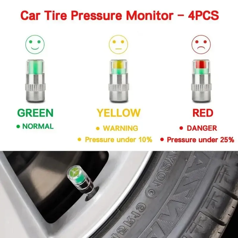 Tire Pressure Monitoring Valve Caps 4Pcs, 3-Color Warning