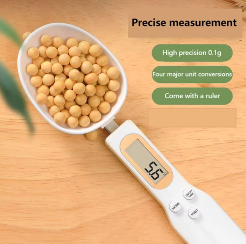 White USB Rechargeable Digital Measuring Spoon Scale, Precision Electronic Food Scoop Scale for Kitchen Cooking, Baking, Pet Food, and Coffee Measurement