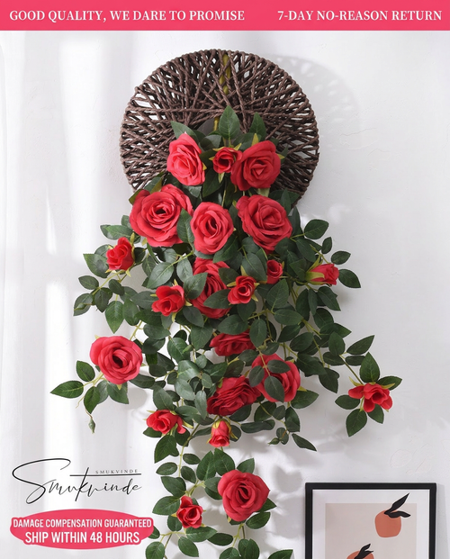 ✨Lifelike Red Rose Hanging Flowers🌹Artificial Floral Wall Art Indoor Home Party Decorationt, Exclusive Gift Woven Flying Disc Included