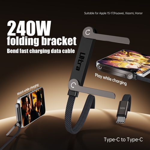 240W Super Fast Charging Cable, Dual Type-C Braided Zinc Alloy Cable, 90° Elbow Design with Stand, for Tablet & Mobile Gaming📱👍