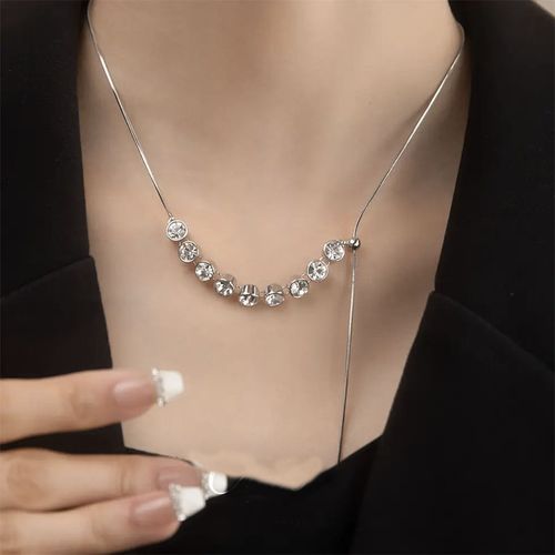 Retractable Silver Crystal Necklace, Light Luxury Minimalist Clavicle Chain, Shiny Elegant Women's Choker✨💎
