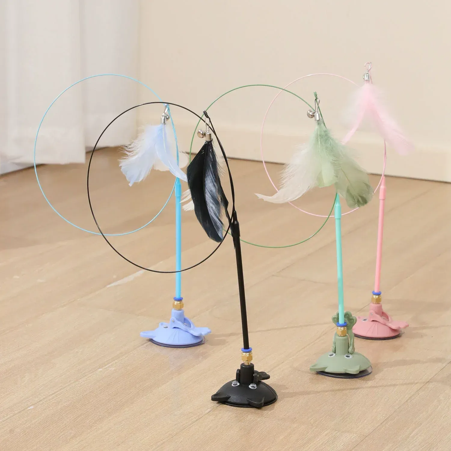 Flexible Steel Wire Feather Cat Wand with Powerful Suction Cup, Durable Interactive Kitten Teaser Toy for Self Play Green