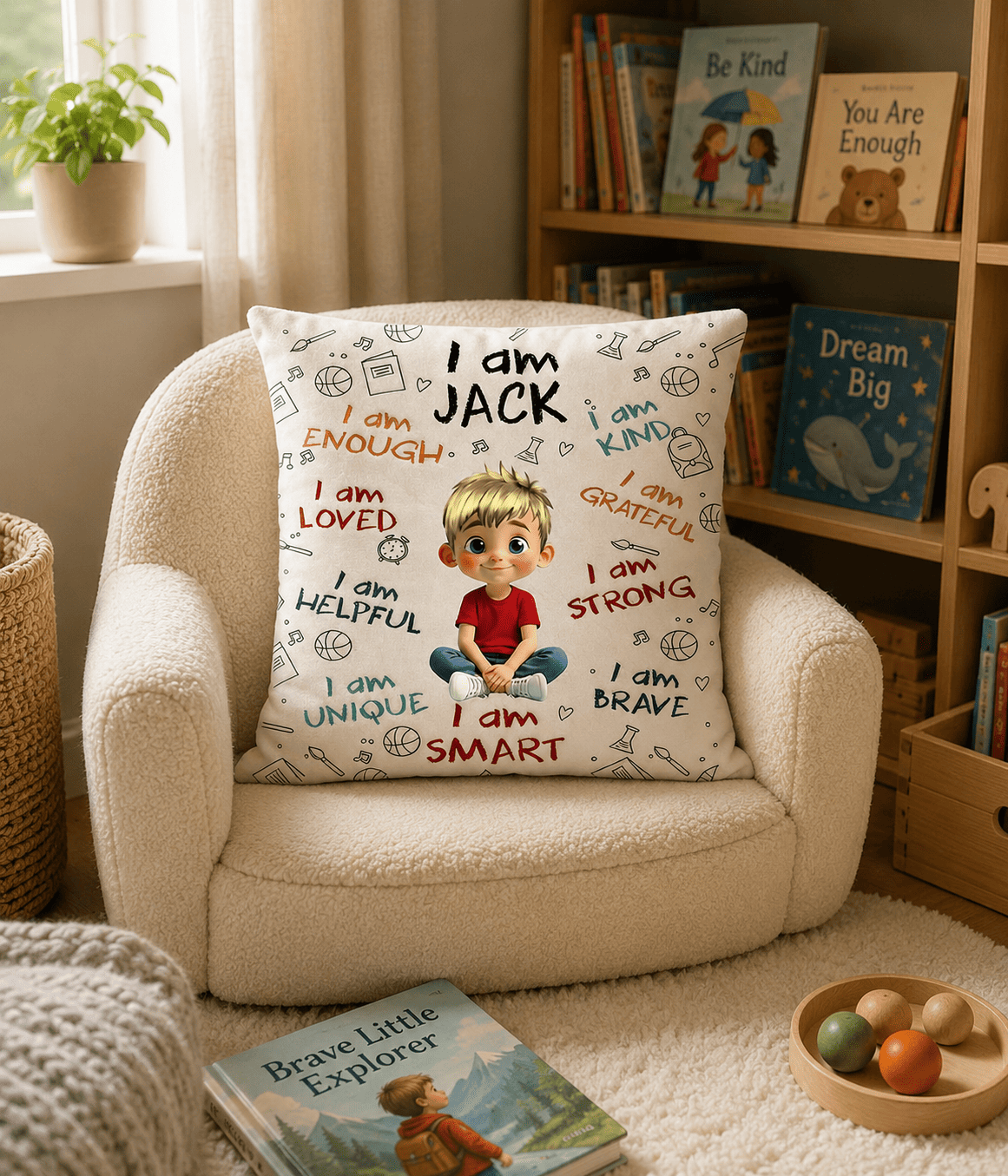 Personalized confidence pillow in children's reading corner