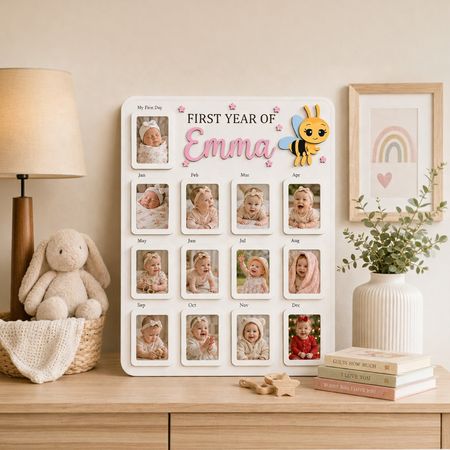 Personalized Bee Baby First Year Photo Frame – Custom Name Monthly Milestone Nursery Keepsake