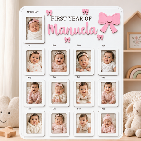 Personalized Bow Baby First Year Photo Frame – Custom Name Monthly Milestone Picture Board