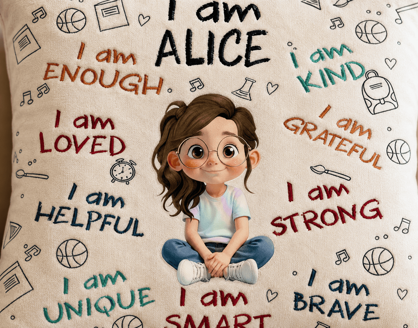 Close-up of positive affirmations on personalized kids pillow