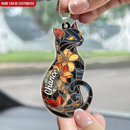 Vintage Floral Cat - Personalized Acrylic Car Hanger, Gift for Cat Lover, Cat Flowers Car Decor