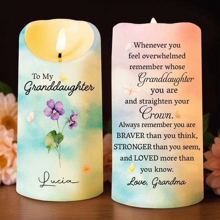 To My Granddaughter Crown And Flowers Quote - Personalized Custom LED Candle