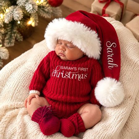 Personalized Baby's First Christmas Sweater– Custom Name Knitted Christmas Outfit for Newborn Baby
